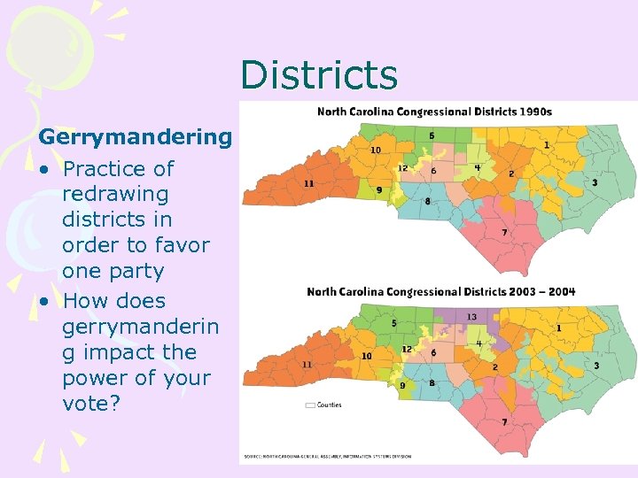 Districts Gerrymandering • Practice of redrawing districts in order to favor one party •