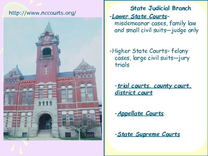 http: //www. nccourts. org/ State Judicial Branch -Lower State Courts– misdemeanor cases, family law