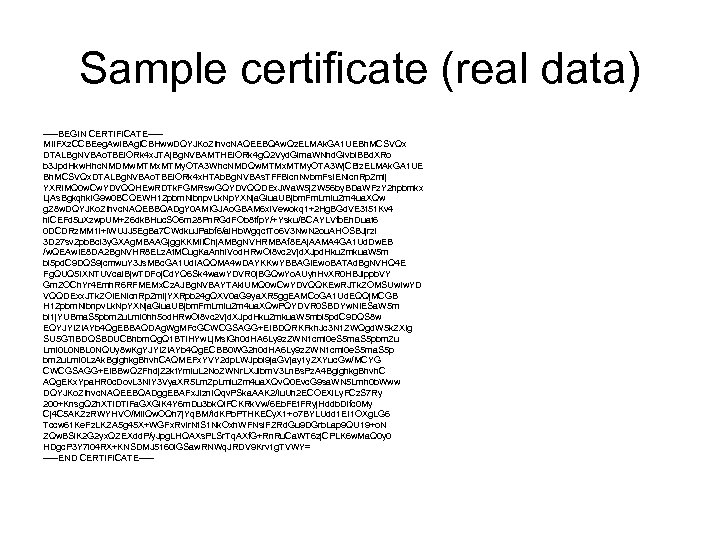 Sample certificate (real data) -----BEGIN CERTIFICATE----MIIFXz. CCBEeg. Aw. IBAg. ICBHww. DQYJKo. ZIhvc. NAQEEBQAw. Qz.