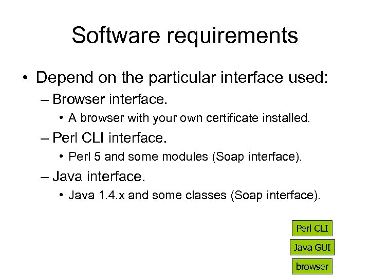 Software requirements • Depend on the particular interface used: – Browser interface. • A
