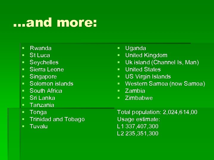 …and more: § § § Rwanda St Luca Seychelles Sierra Leone Singapore Solomon islands