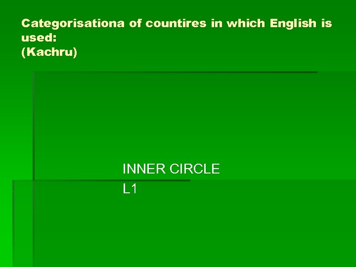 Categorisationa of countires in which English is used: (Kachru) INNER CIRCLE L 1 