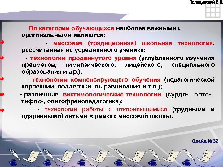 По категории обучающихся наиболее важными и оригинальными являются: массовая (традиционная) школьная технология, рассчитанная на