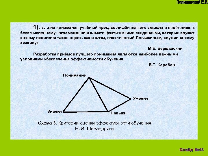 1). «…вне понимания учебный процесс лишён всякого смысла и ведёт лишь к бессмысленному загромождению