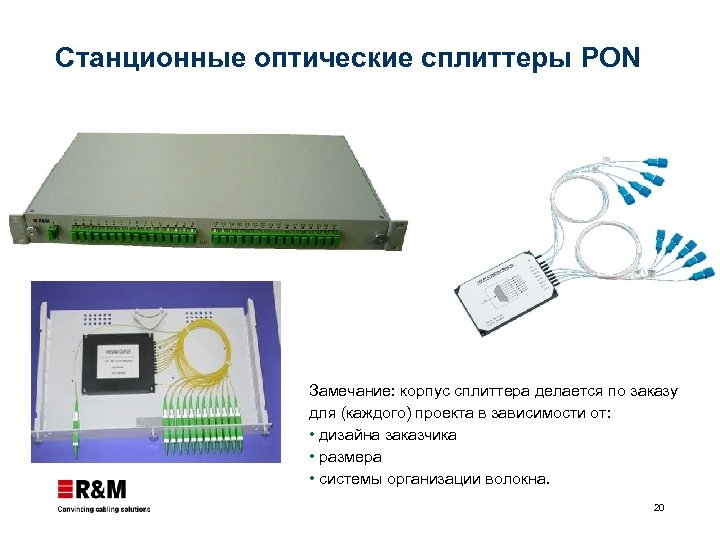 Станционные оптические сплиттеры PON Замечание: корпус сплиттера делается по заказу для (каждого) проекта в