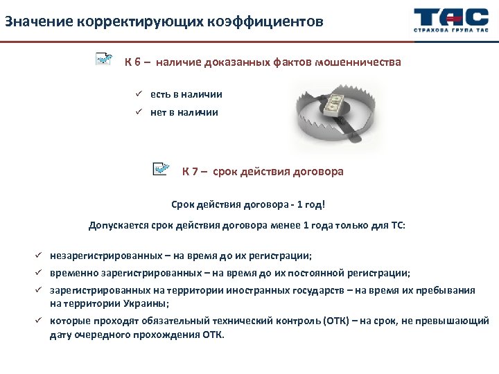 Значение корректирующих коэффициентов К 6 – наличие доказанных фактов мошенничества ü есть в наличии