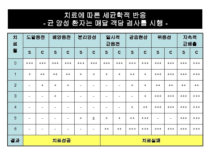 치료에 따른 세균학적 반응 - 균 양성 환자는 매달 객담 검사를 시행 치 료