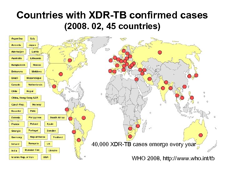 Countries with XDR-TB confirmed cases (2008. 02, 45 countries) 40, 000 XDR-TB cases emerge