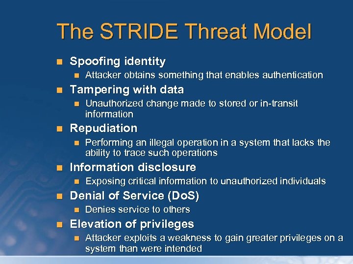 The STRIDE Threat Model n Spoofing identity n n Tampering with data n n