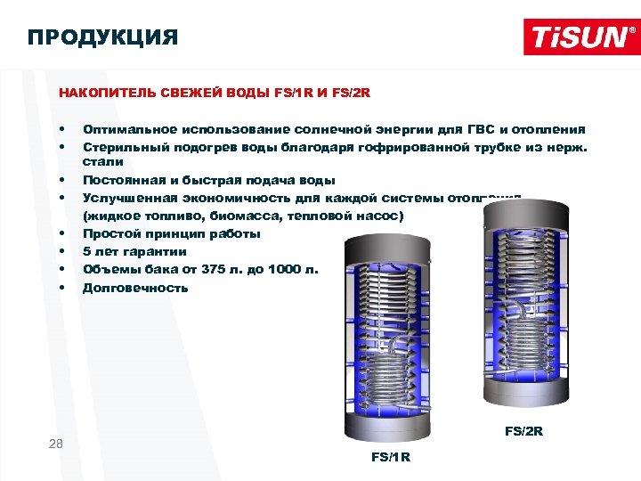 ПРОДУКЦИЯ НАКОПИТЕЛЬ СВЕЖЕЙ ВОДЫ FS/1 R И FS/2 R • • 28 Оптимальное использование