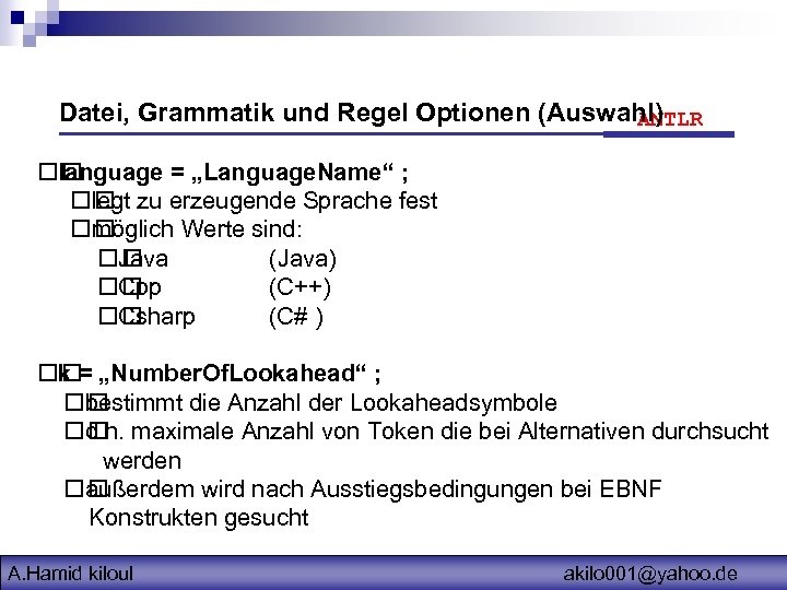 Datei, Grammatik und Regel Optionen (Auswahl) ANTLR language = „Language. Name“ ; zu erzeugende