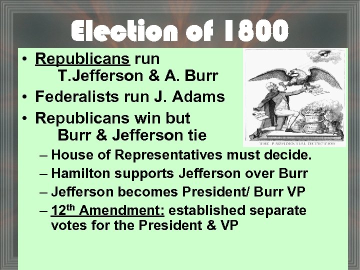 Election of 1800 • Republicans run T. Jefferson & A. Burr • Federalists run
