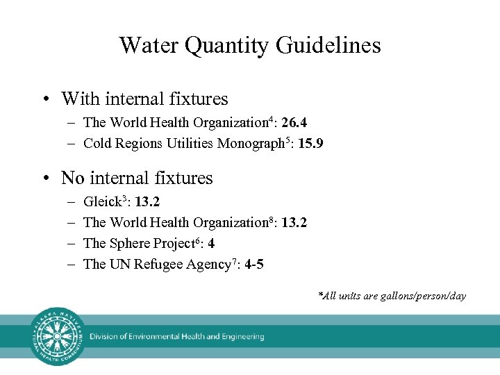 Water Quantity Guidelines • With internal fixtures – The World Health Organization 4: 26.