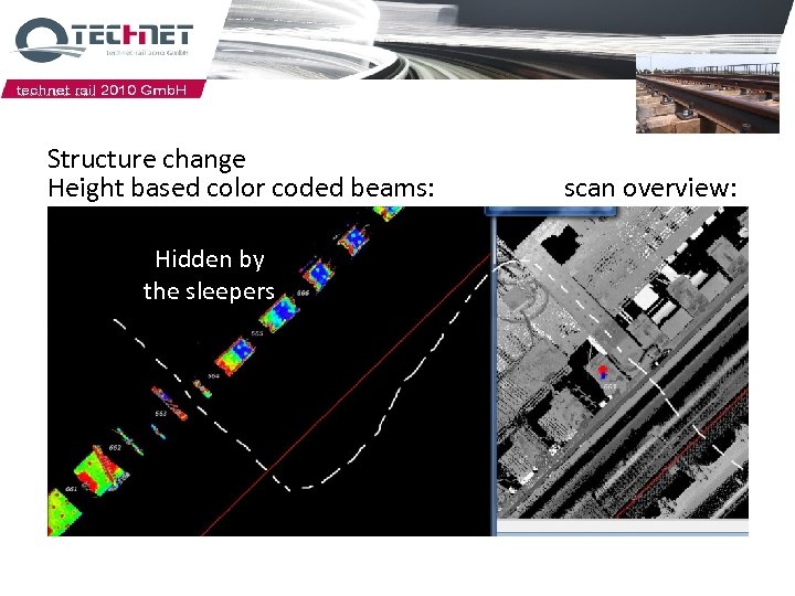 Structure change Height based color coded beams: Hidden by the sleepers scan overview: 