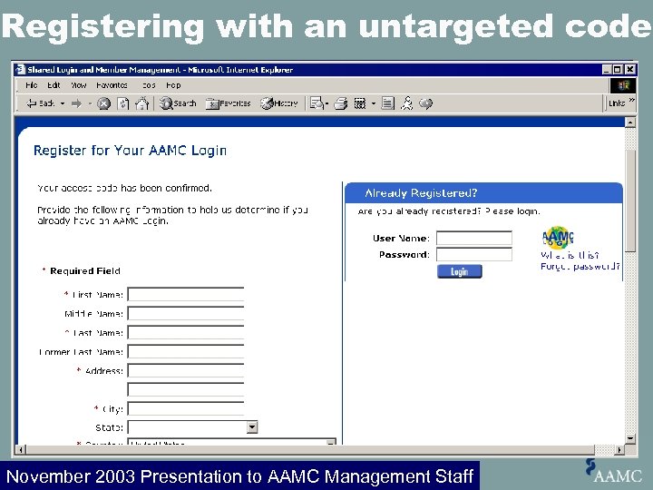 Registering with an untargeted code November 2003 Presentation to AAMC Management Staff 