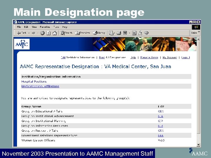 Main Designation page November 2003 Presentation to AAMC Management Staff 