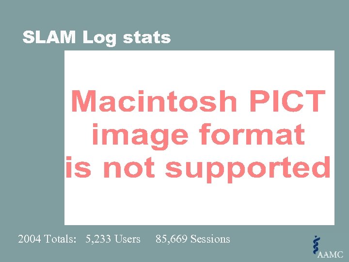 SLAM Log stats 2004 Totals: 5, 233 Users 85, 669 Sessions 