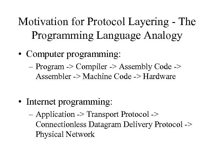 Motivation for Protocol Layering - The Programming Language Analogy • Computer programming: – Program