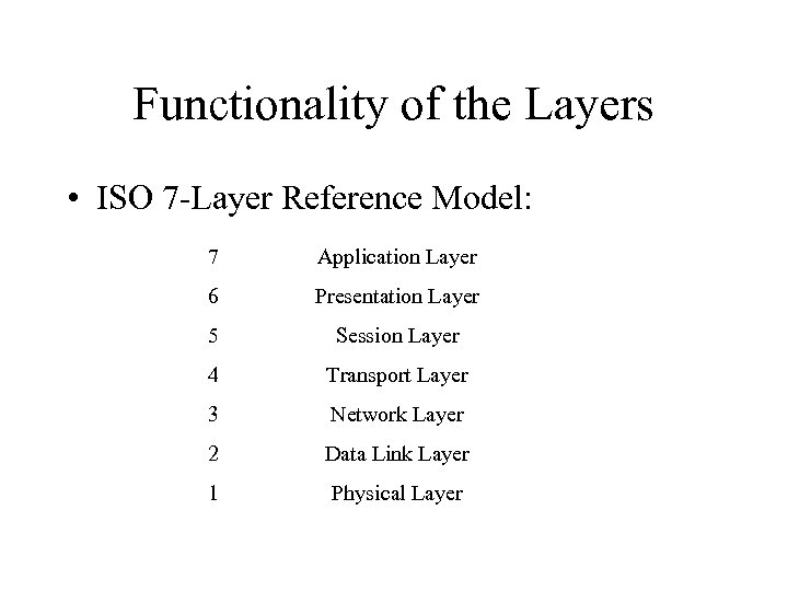 Functionality of the Layers • ISO 7 -Layer Reference Model: 7 Application Layer 6