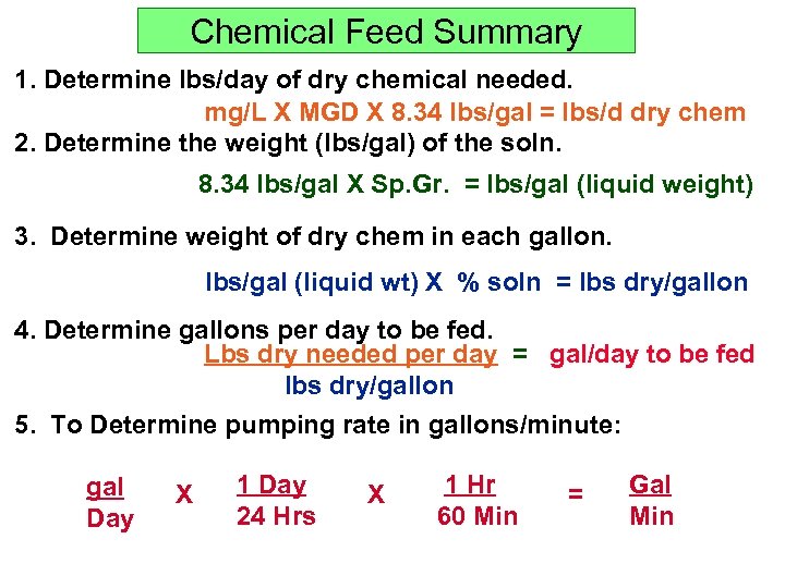 Chemical Feed Summary 1. Determine lbs/day of dry chemical needed. mg/L X MGD X