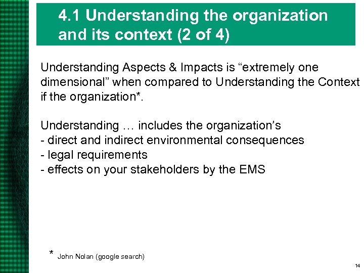 4. 1 Understanding the organization and its context (2 of 4) Understanding Aspects &