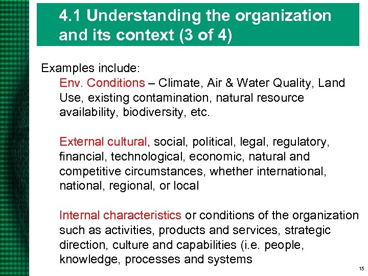 4. 1 Understanding the organization and its context (3 of 4) Examples include: Env.