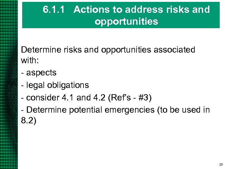 6. 1. 1 Actions to address risks and opportunities Determine risks and opportunities associated