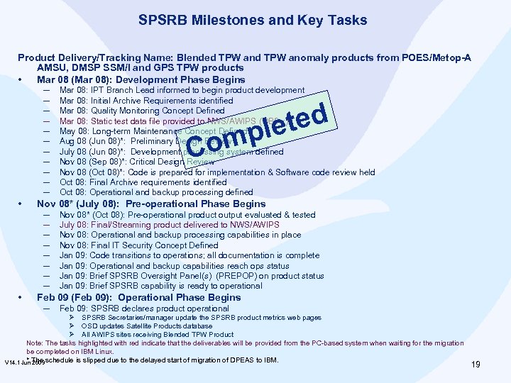 SPSRB Milestones and Key Tasks Product Delivery/Tracking Name: Blended TPW anomaly products from POES/Metop-A