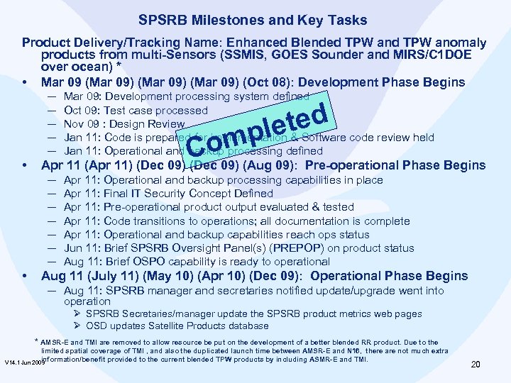 SPSRB Milestones and Key Tasks Product Delivery/Tracking Name: Enhanced Blended TPW anomaly products from