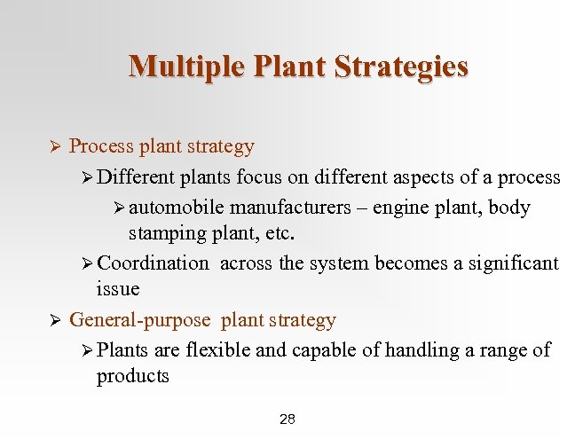 Multiple Plant Strategies Process plant strategy Ø Different plants focus on different aspects of