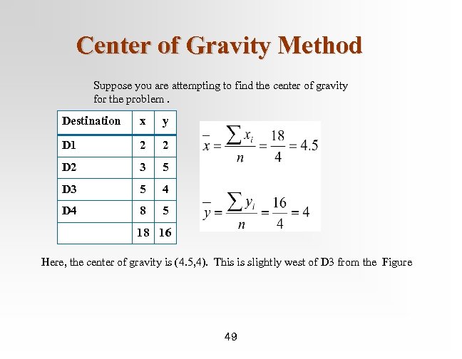 Center of Gravity Method Suppose you are attempting to find the center of gravity