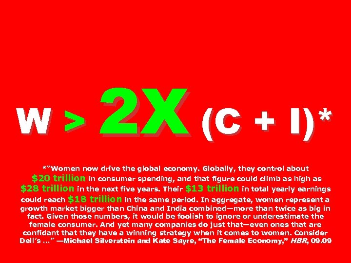 W> 2 X (C + I)* *“Women now drive the global economy. Globally, they