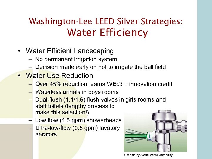 Washington-Lee LEED Silver Strategies: Water Efficiency • Water Efficient Landscaping: – No permanent irrigation