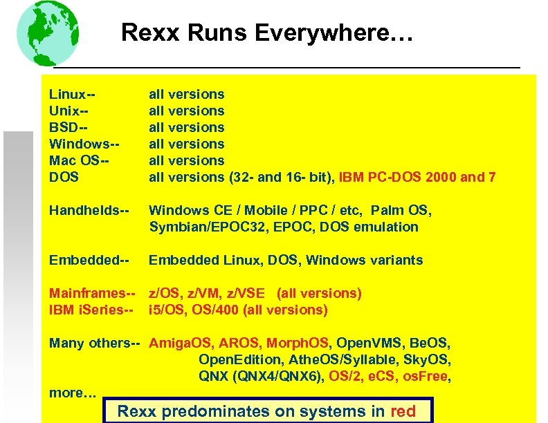 Rexx Runs Everywhere… Linux-Unix-BSD-Windows-Mac OS-DOS all versions all versions (32 - and 16 -