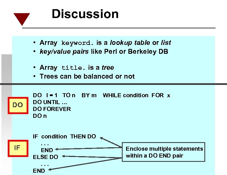 Discussion • Array keyword. is a lookup table or list • key/value pairs like