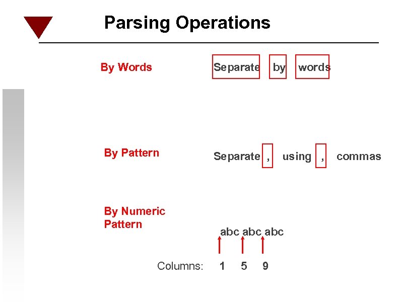 Parsing Operations By Words Separate By Pattern Separate , By Numeric Pattern Columns: by