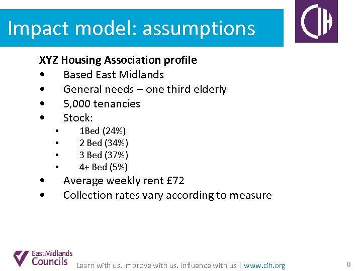 Impact model: assumptions XYZ Housing Association profile • Based East Midlands • General needs