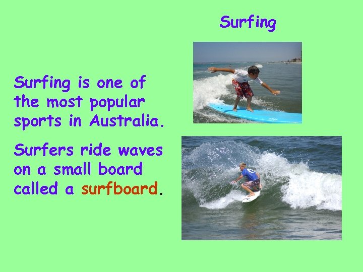 Surfing is one of the most popular sports in Australia. Surfers ride waves on