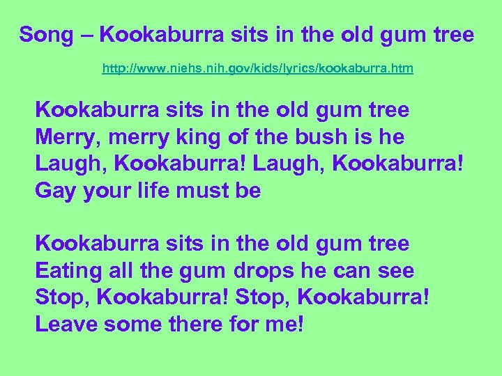 Song – Kookaburra sits in the old gum tree http: //www. niehs. nih. gov/kids/lyrics/kookaburra.