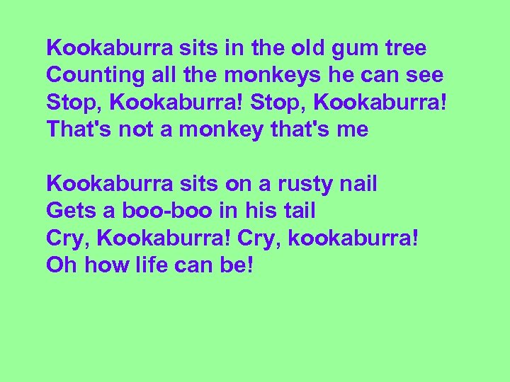 Kookaburra sits in the old gum tree Counting all the monkeys he can see