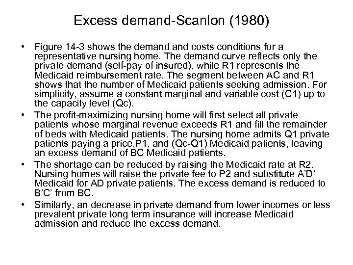Excess demand-Scanlon (1980) • Figure 14 -3 shows the demand costs conditions for a