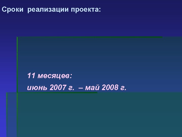 Сроки реализации проекта: 11 месяцев: июнь 2007 г. – май 2008 г. 