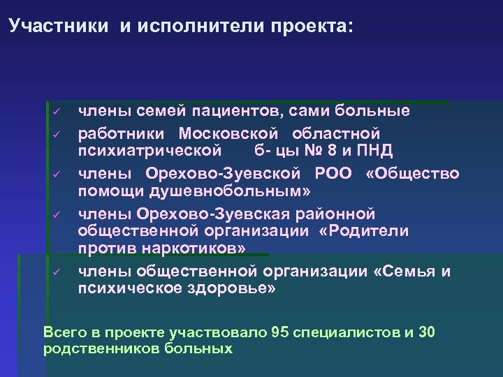 Участники и исполнители проекта: ü ü ü члены семей пациентов, сами больные работники Московской
