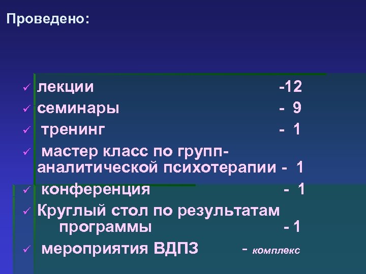 Проведено: ü ü ü ü лекции -12 семинары - 9 тренинг - 1 мастер