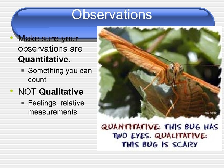 Observations • Make sure your observations are Quantitative. § Something you can count •