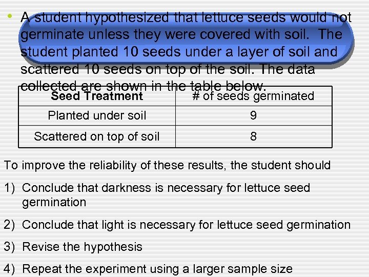  • A student hypothesized that lettuce seeds would not germinate unless they were