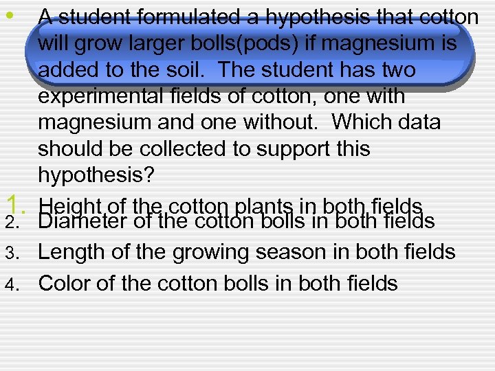  • A student formulated a hypothesis that cotton will grow larger bolls(pods) if