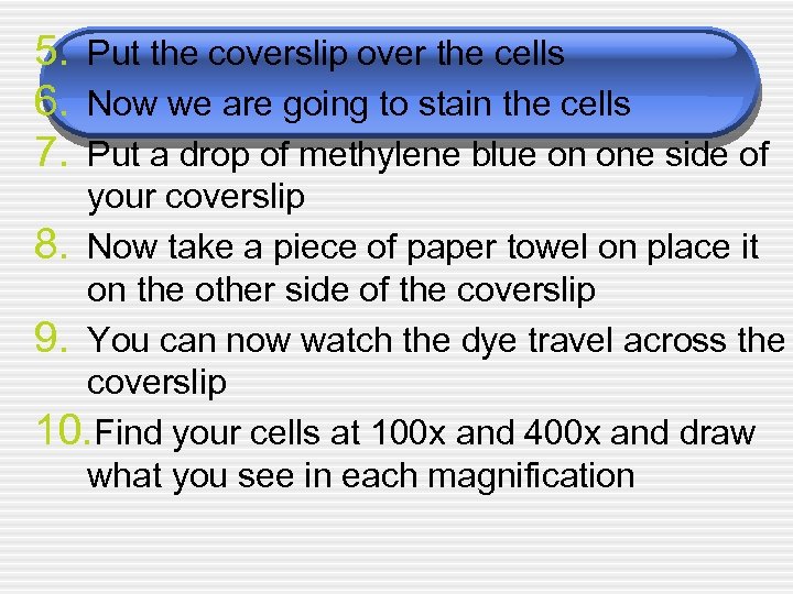 5. Put the coverslip over the cells 6. Now we are going to stain