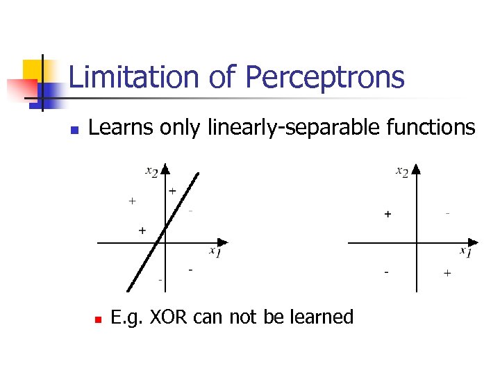 Limitation of Perceptrons n Learns only linearly-separable functions n E. g. XOR can not