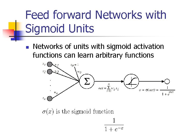 Feed forward Networks with Sigmoid Units n Networks of units with sigmoid activation functions